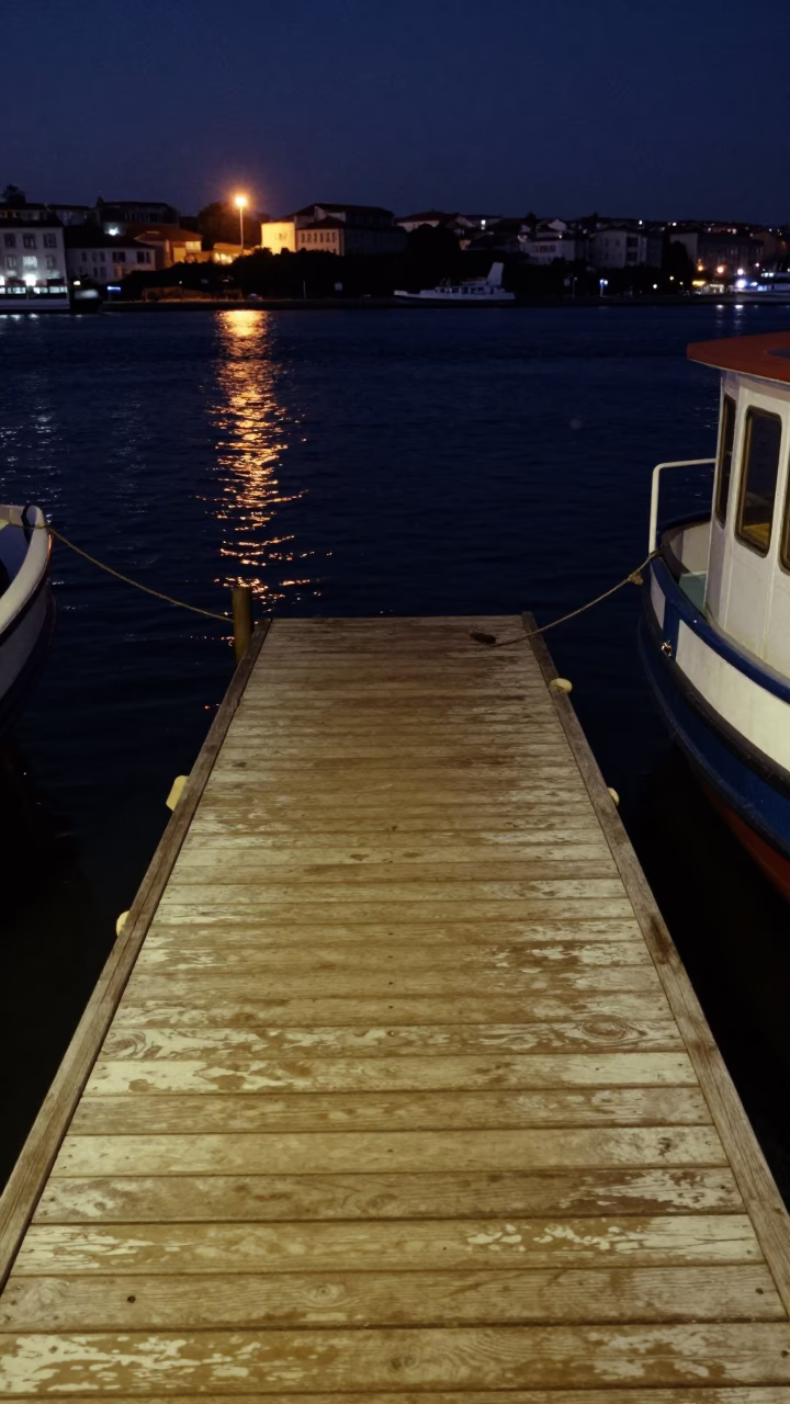 Predawn Water Taxi Dock in Lisbon Portugal with Scuffed Painted Wood in in Lisbon, Portugal