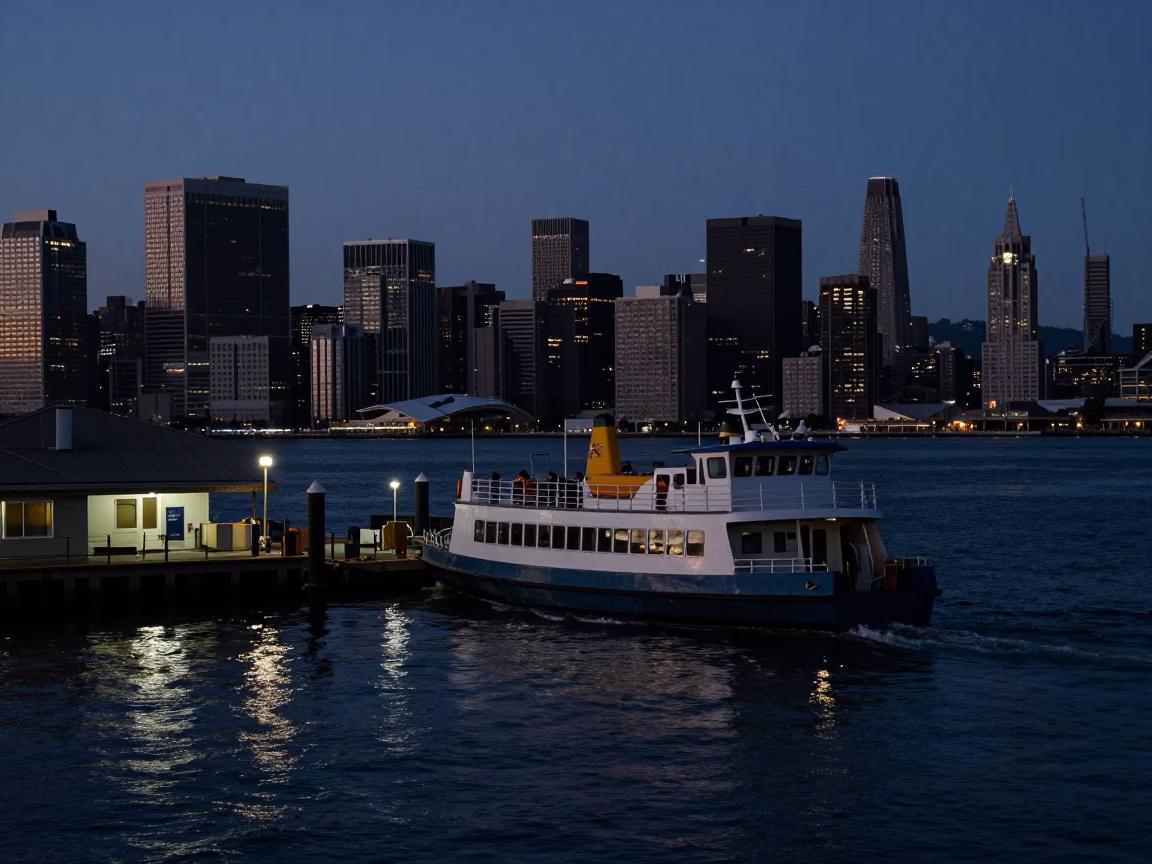 Predawn Water Taxi Docking at San Francisco Pier with City Skyline Lights in in San Francisco, California, United States