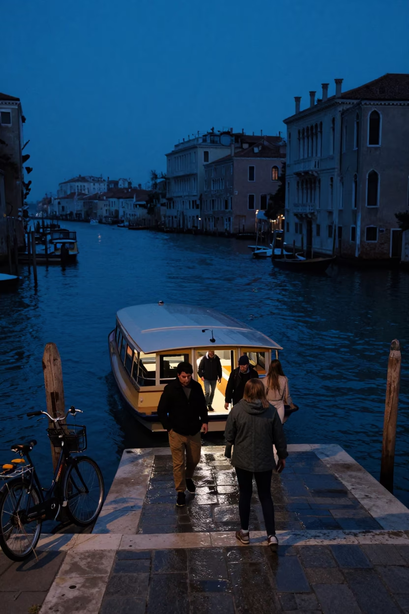 Predawn Water Taxi Docking in Venice Italy with Passengers and Bicycles Loading in in Venice, Italy