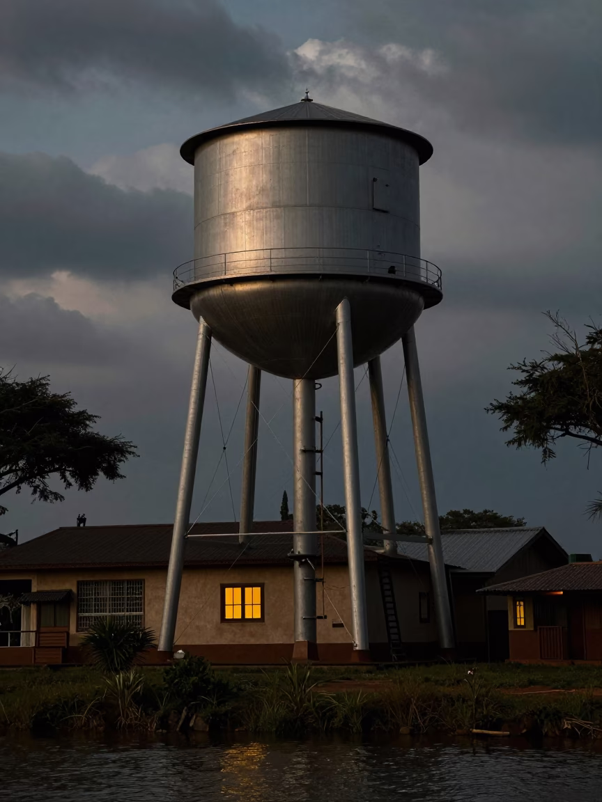 Predawn Water Tower Home Beside Canal in beside a canal-front facade in the Serengeti