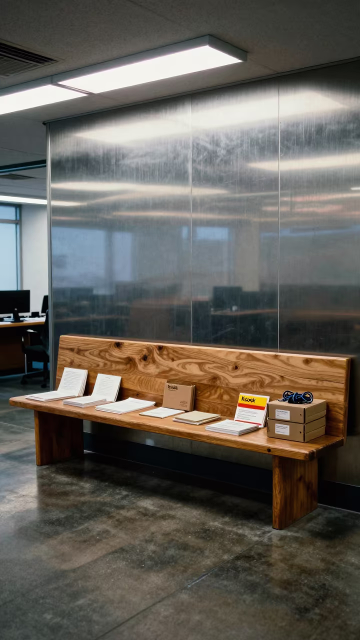 Predawn Welcome Bench in Chinatown Chicago Office in inside an open-plan office bay in Chinatown, Chicago