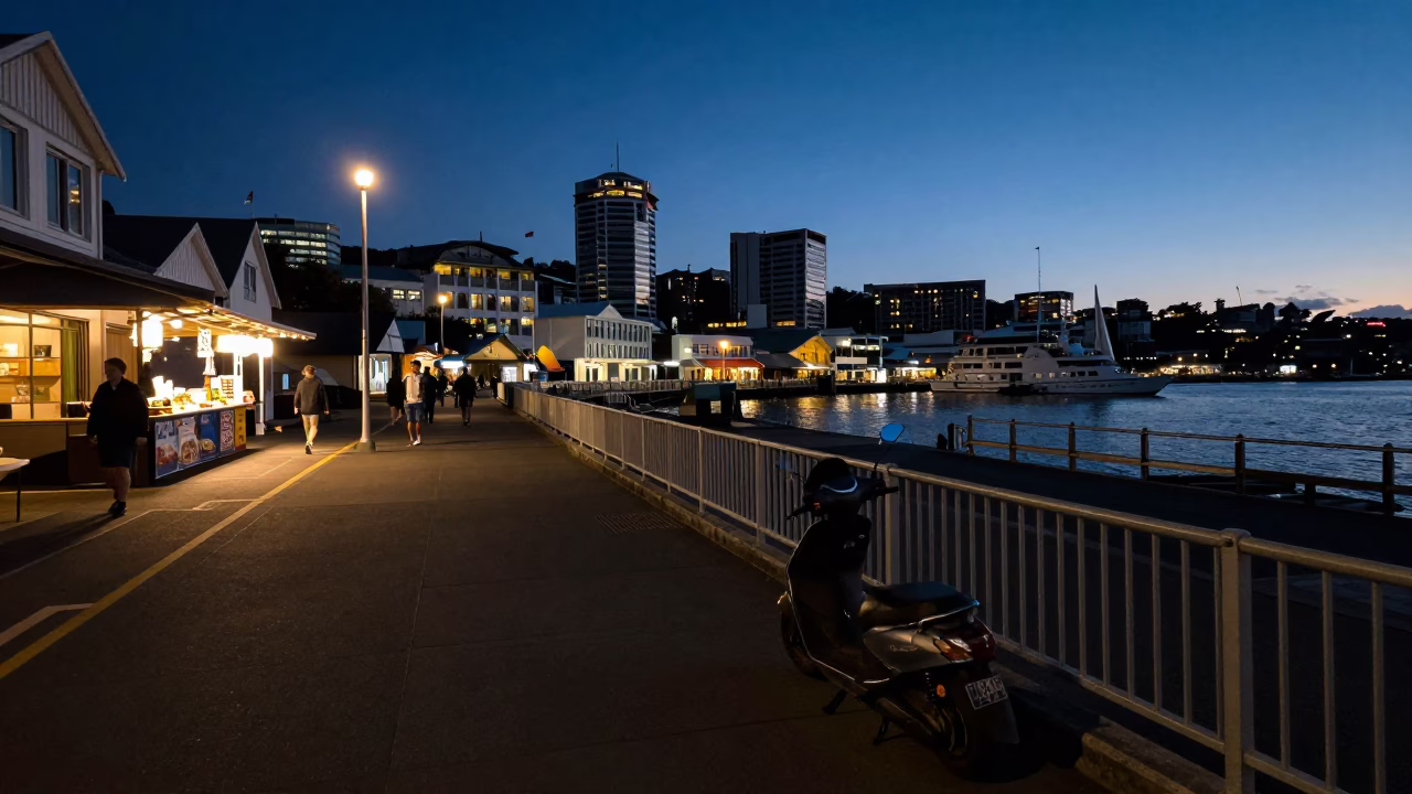 Predawn Wellington Harbor Promenade Scooter and Steam from Street Food Vendor in in Wellington, New Zealand