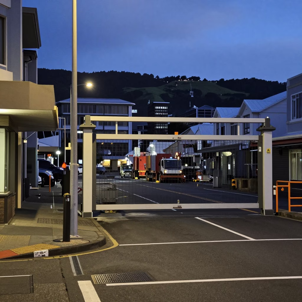 Predawn Wellington Harbor Street Scene with Construction Gate and Glass Railings in in Wellington, New Zealand