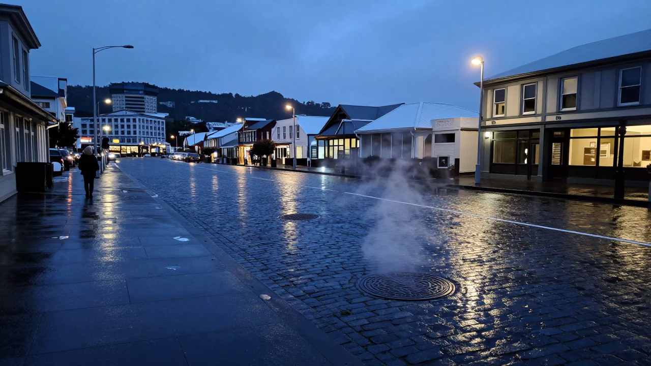 Predawn Wellington Harbour Street Scene with Wet Cobblestones and Distant Ferry Lights in in Wellington, New Zealand