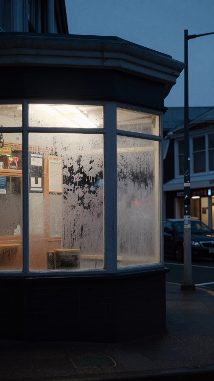 Predawn Wellington Street Corner with Condensation on Glass and Steel Details in in Wellington, New Zealand