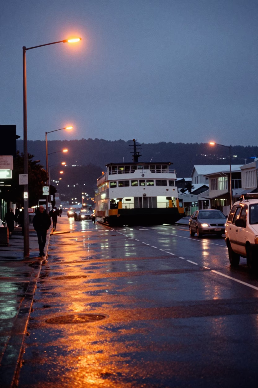 Predawn Wellington Street Scene with Chain Ferry and Urban Details in in Wellington, New Zealand