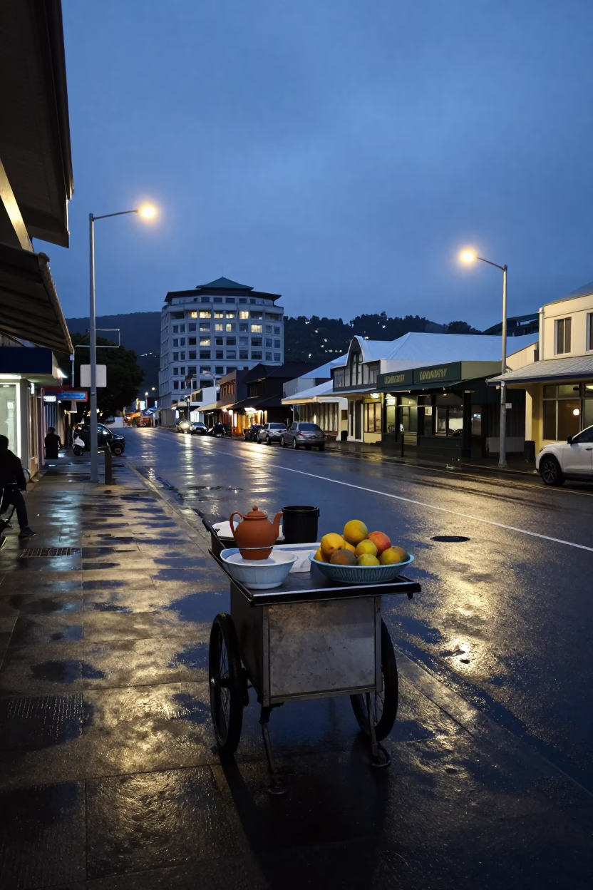 Predawn Wellington Street Scene with Clay Teapot and Fruit Basket in in Wellington, New Zealand