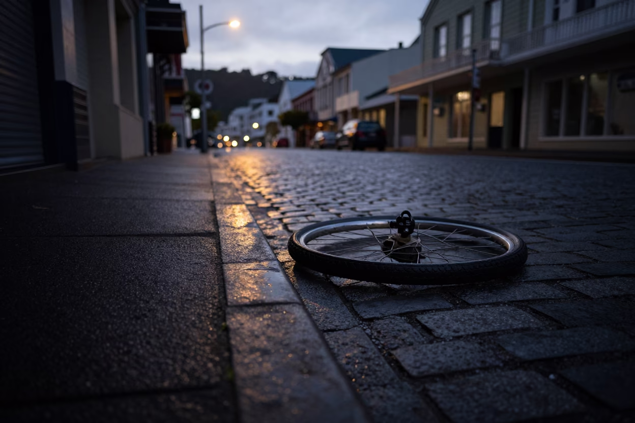 Predawn Wellington Street Scene with Dented Metal Rim and Condensation on Tile Grout in in Wellington, New Zealand