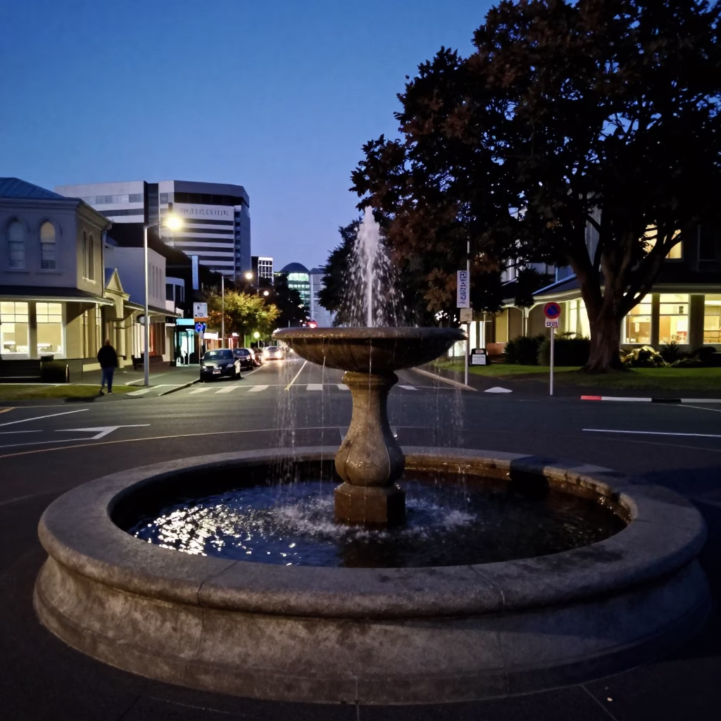 Predawn Wellington Street Scene with Drained Campus Fountain and Urban Maintenance Tools in in Wellington, New Zealand