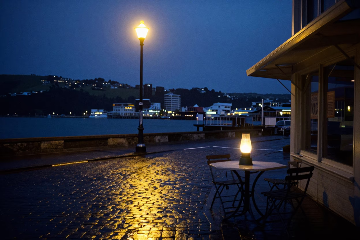 Predawn Wellington Street Scene with Hurricane Lamp Glow and Wet Cobblestones in in Wellington, New Zealand