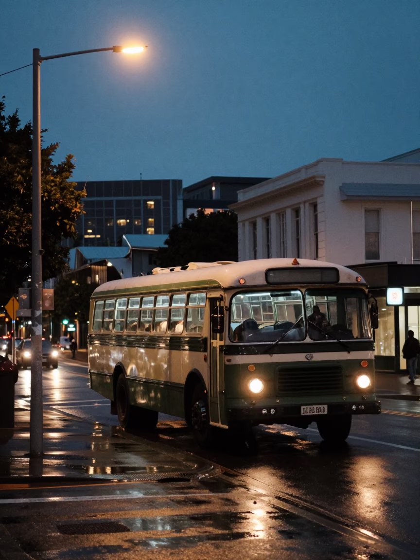 Predawn Wellington Street Scene with Old Bedford Bus and Carafe in in Wellington, New Zealand