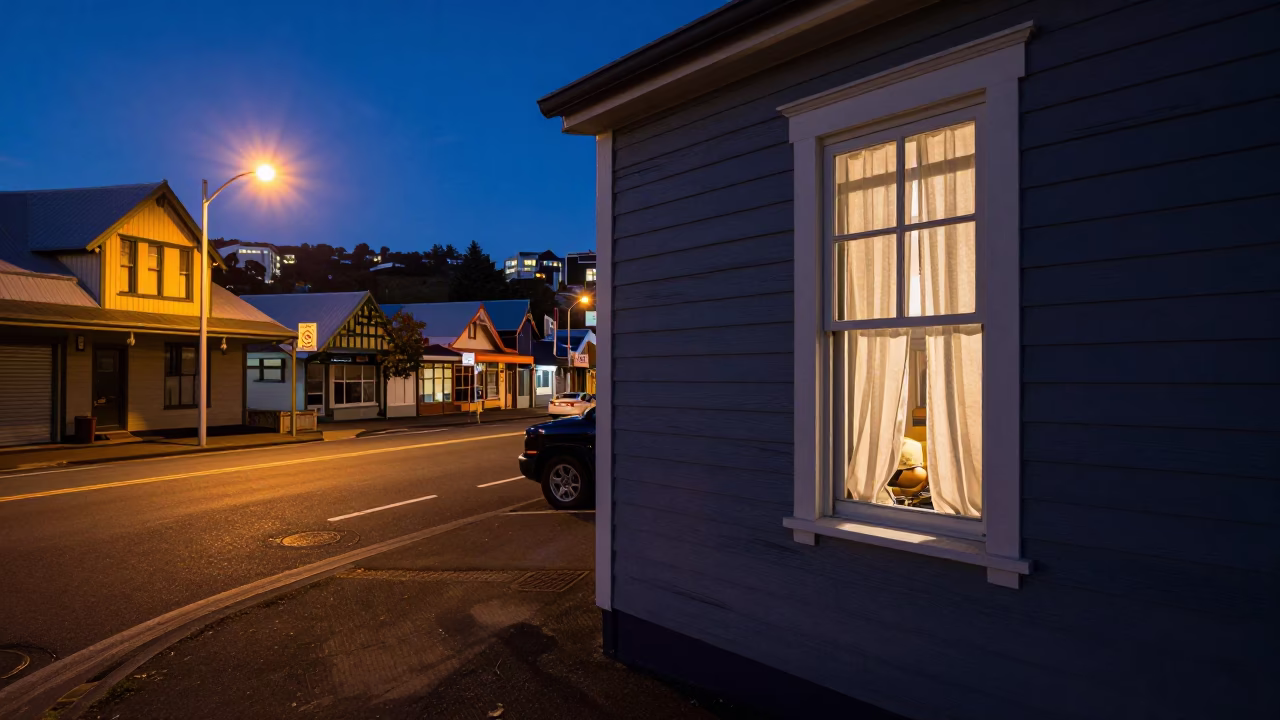 Predawn Wellington Street Scene with Open Window and Curious Cat in in Wellington, New Zealand