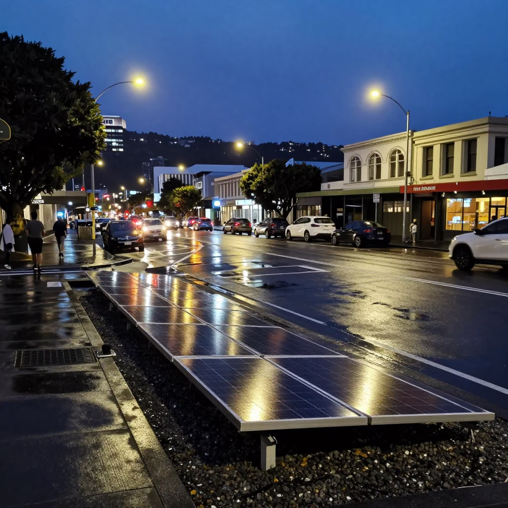 Predawn Wellington Street Scene with Solar Array Reflections and Mail Boat in Distance in in Wellington, New Zealand