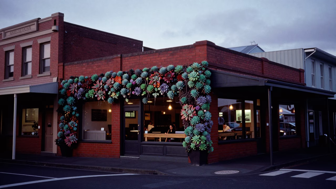 Predawn Wellington Street Scene with Succulent Cafe Wall and Street Details in in Wellington, New Zealand