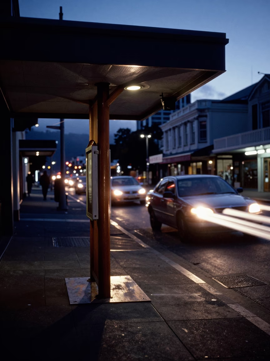 Predawn Wellington Street Scene with Valet Stand and Headlight Streaks Under Hotel Awnings in in Wellington, New Zealand