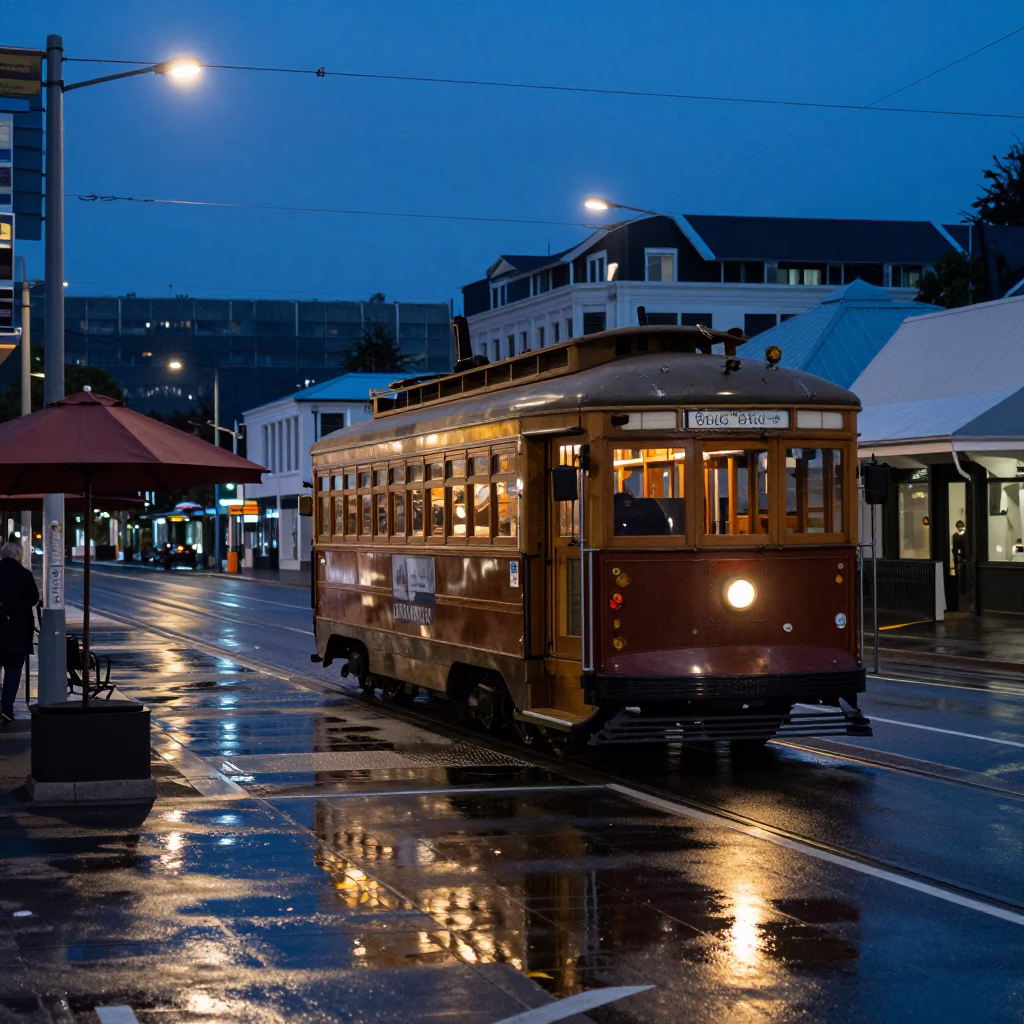 Predawn Wellington Street Scene with Vintage Trolley and Umbrellas in Early Morning Darkness in in Wellington, New Zealand