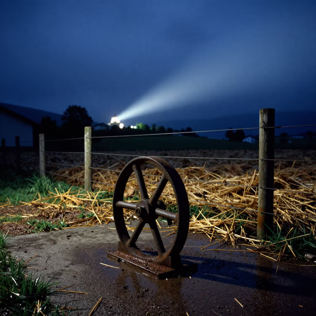 Predawn Wheel Chock in Basque Paddock in along a muddy paddock fence in the Basque Country