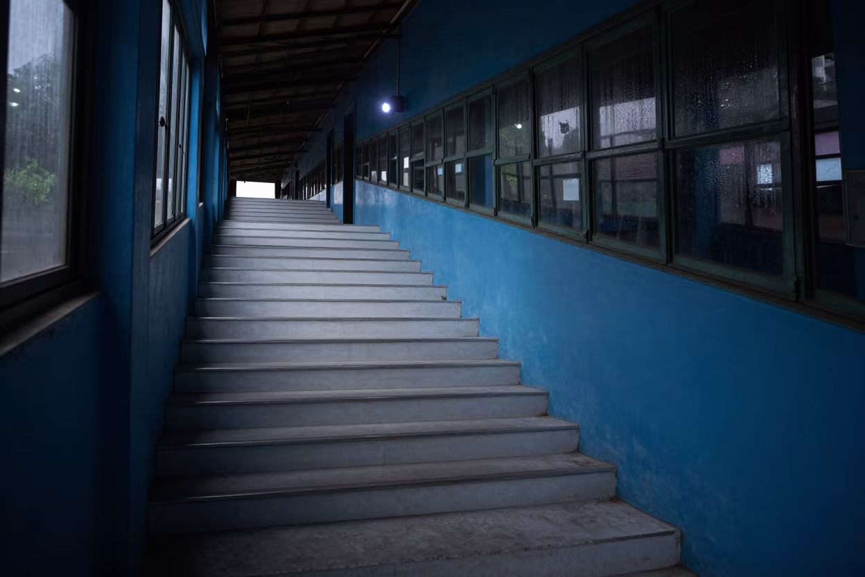 Predawn White Staircase Blue Wall Nadiad in inside a restored train terminal in Nadiad