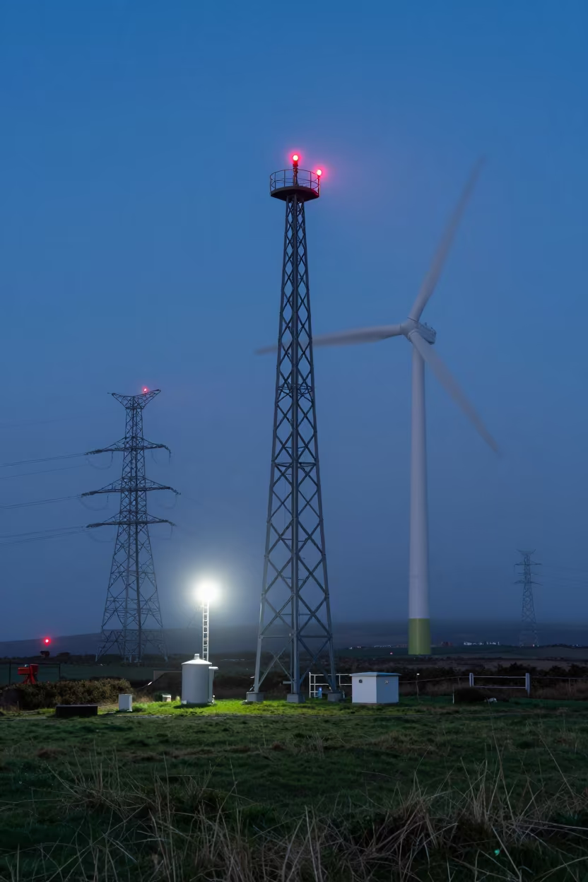 Predawn Wind Farm Met Mast Northern Ireland in beneath transmission towers in Northern Ireland