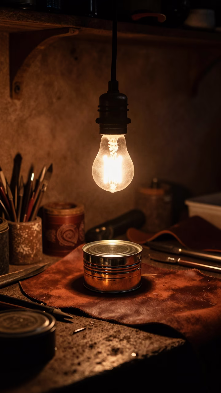 Predawn Workshop Light Illuminates Leather Tools in Fez Medina in in Fez, Morocco