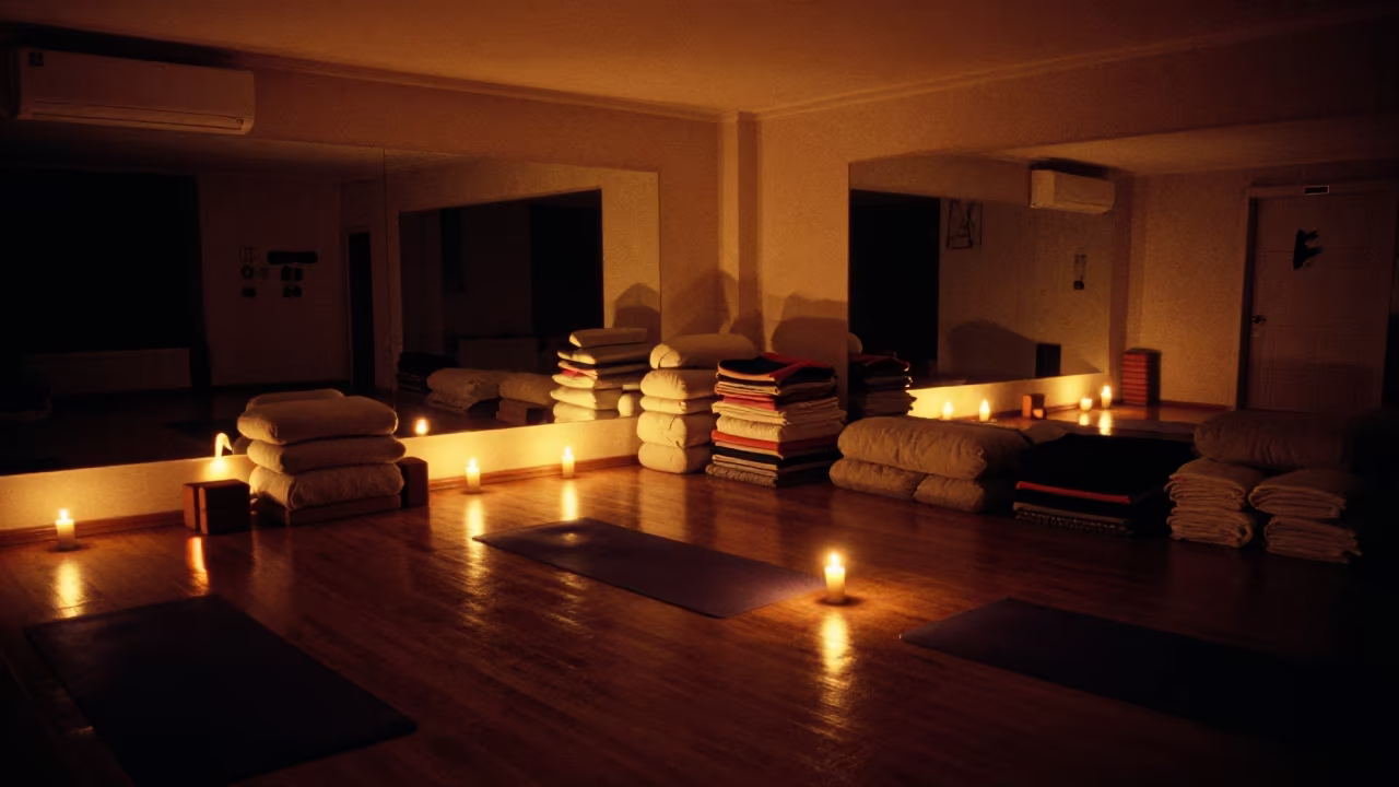 Predawn Yoga Studio Tashkent Candlelight in inside a mirrored studio cleared for class in Tashkent