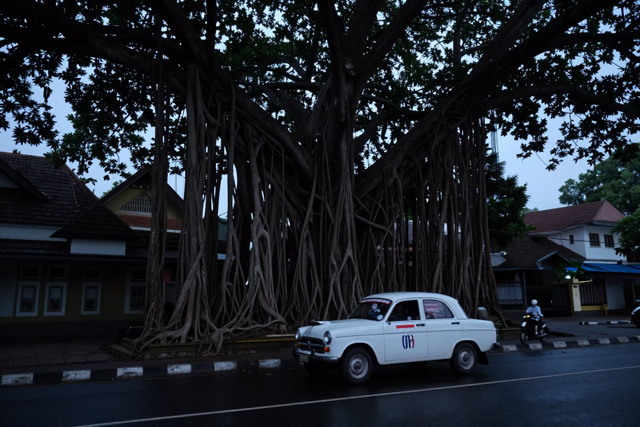 Predawn Yogyakarta Banyan Grove Street Scene with Vintage Car and Lanterns in in Yogyakarta, Indonesia