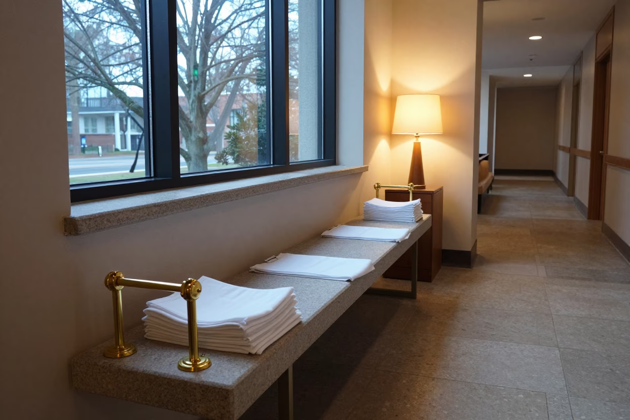 Prep Bench Morning Light Charlotte Hospitality in in a quiet guest corridor in Charlotte