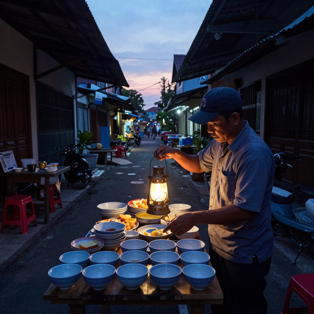 Prepares Breakfast in Yogyakarta at Sunrise Light in in Yogyakarta, Indonesia