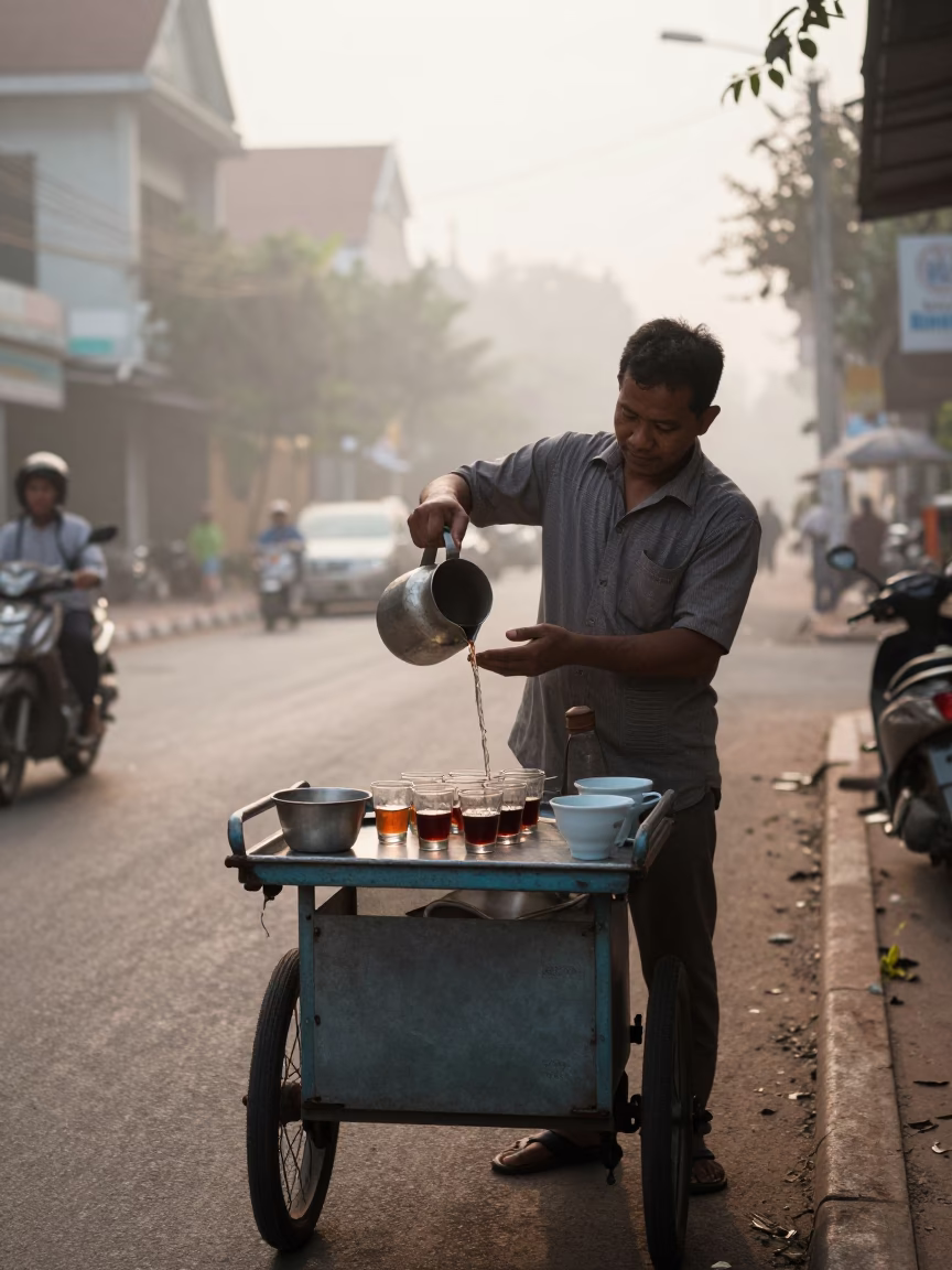 Prepares Coffee in Phnom Penh at Dawn Light in in Phnom Penh, Cambodia