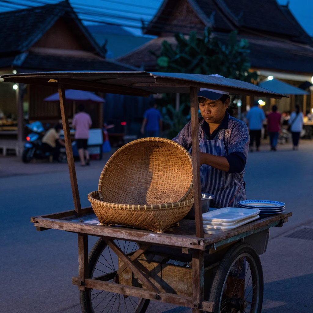 Prepares Food at The Still Hours Before Dawn Light in Chiang Mai in in Chiang Mai, Thailand