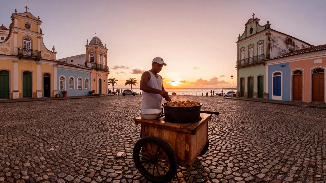 Preparing Acaraje in Salvador at Copper-toned Light Before Dusk in in Salvador, Brazil