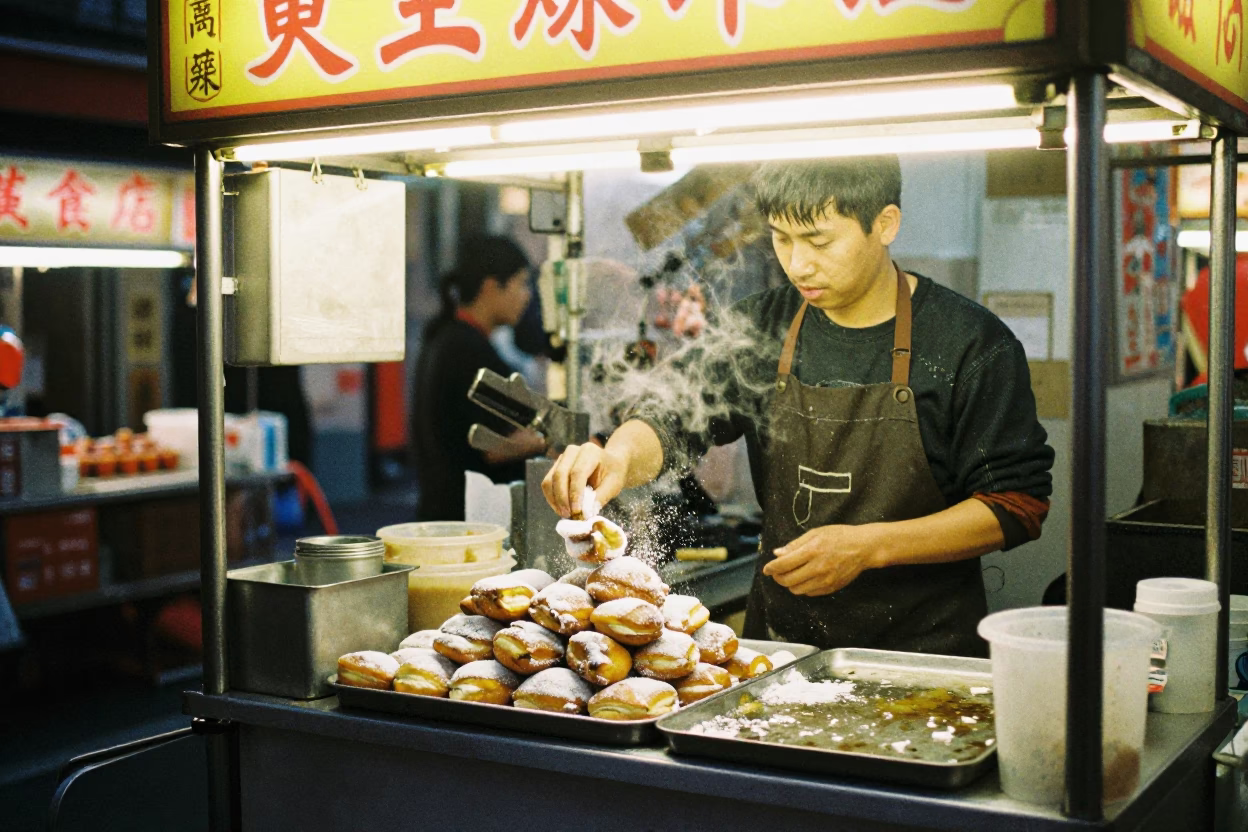 Preparing Beignets in Taipei at The Early Evening Light in in Taipei, Taiwan