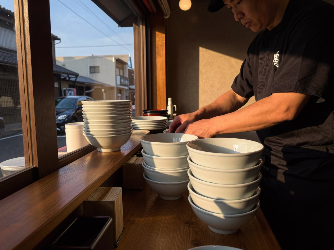 Preparing Bowls in Fukuoka in in Fukuoka, Japan
