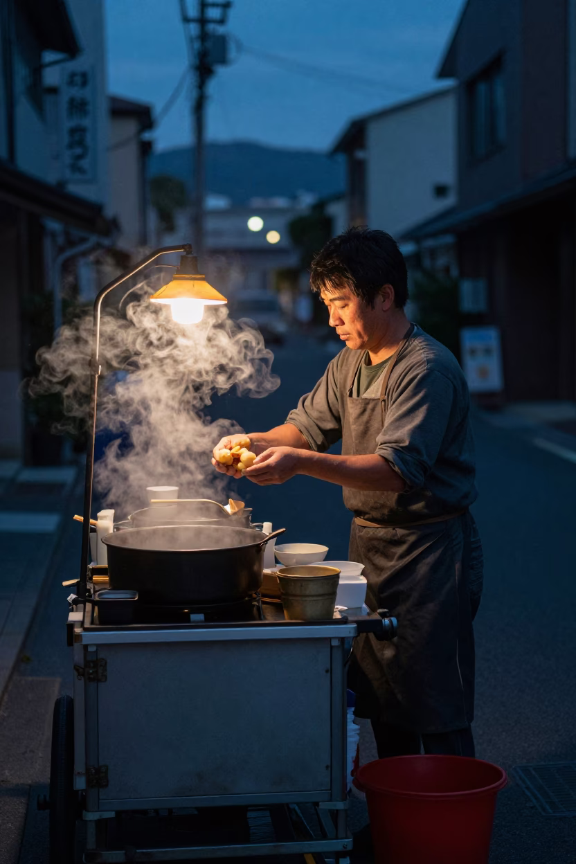 Preparing Breakfast at The Predawn Darkness Light in Fukuoka in in Fukuoka, Japan