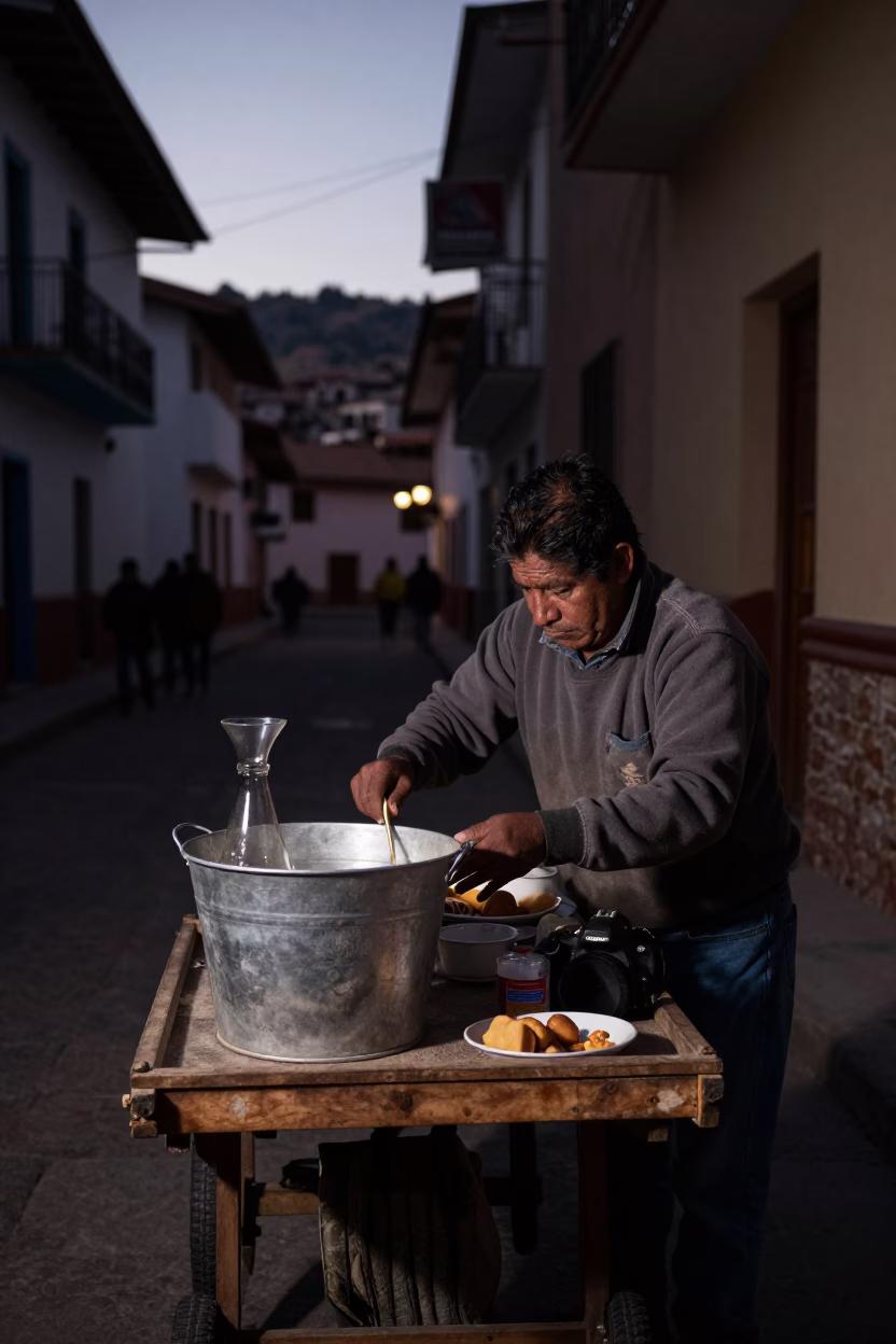 Preparing Breakfast at The Predawn Darkness Light in La Paz in in La Paz, Bolivia