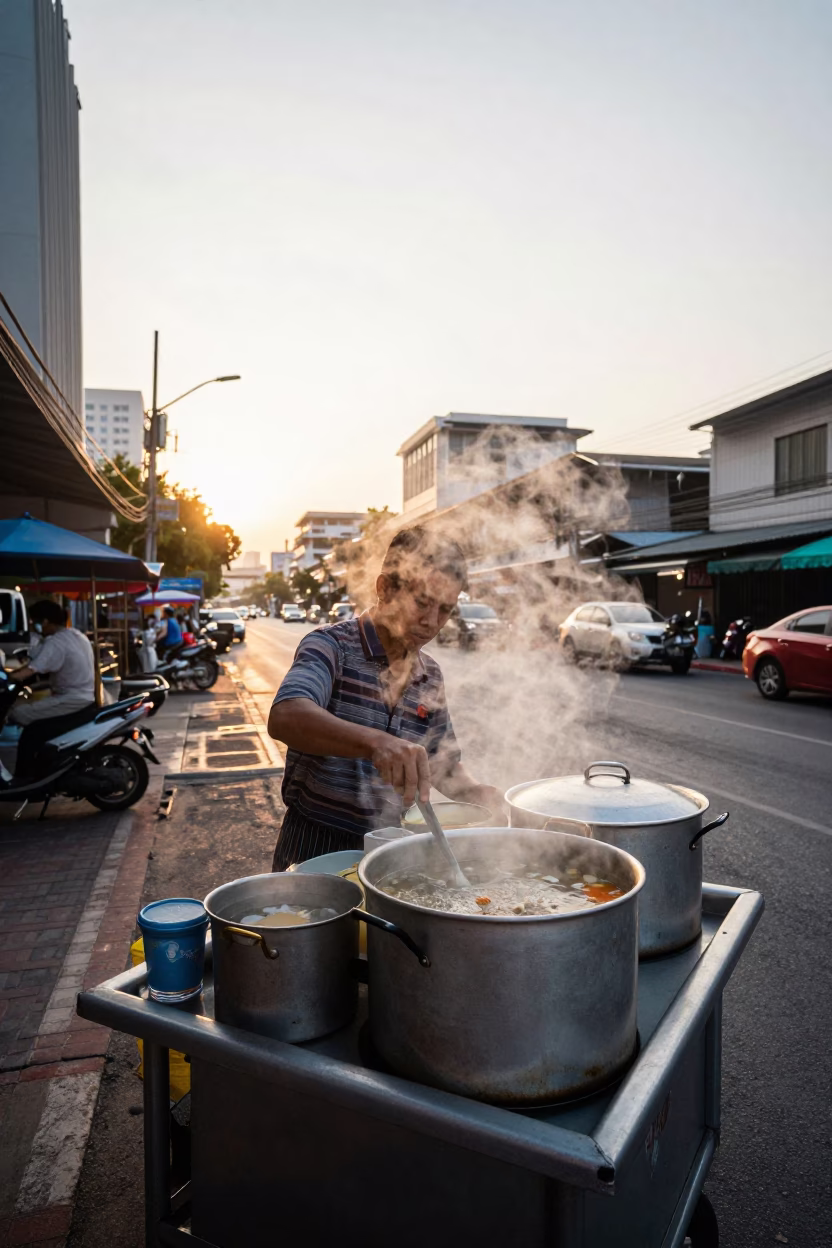 Preparing Breakfast in Bangkok at First Light Of Dawn in in Bangkok, Thailand