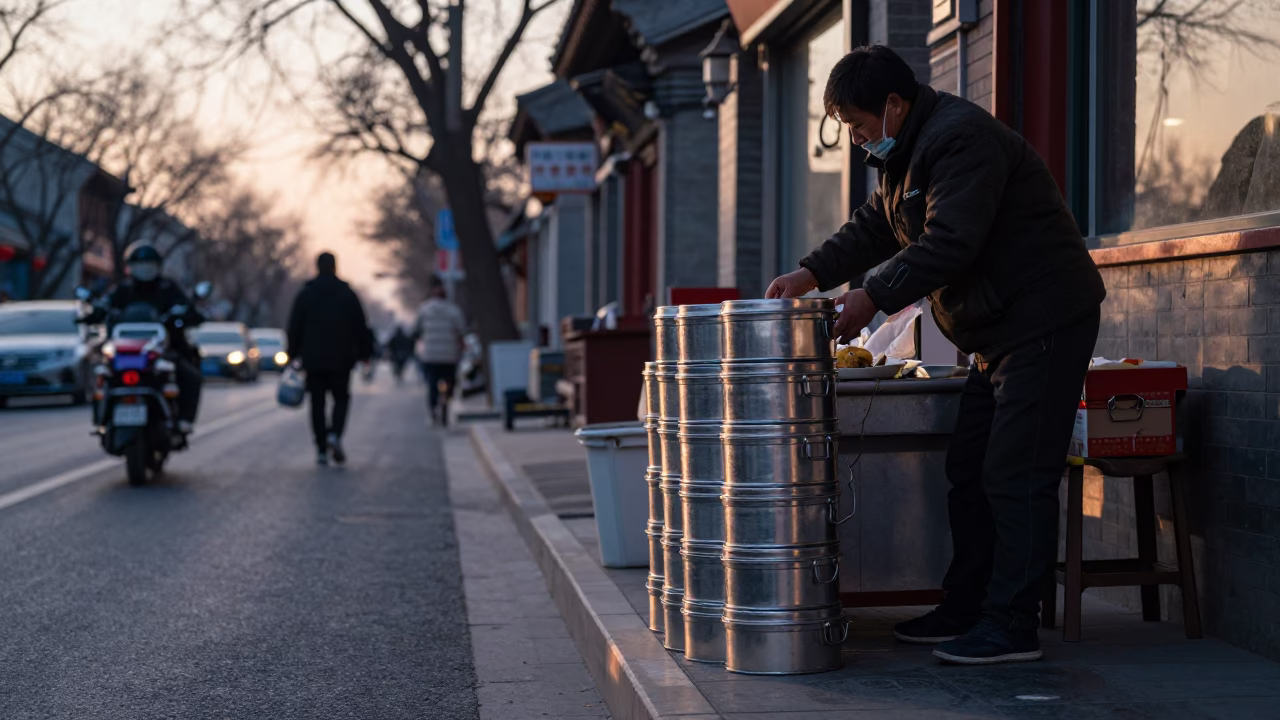 Preparing Breakfast in Beijing at As First Light Reaches The Scene in in Beijing, China