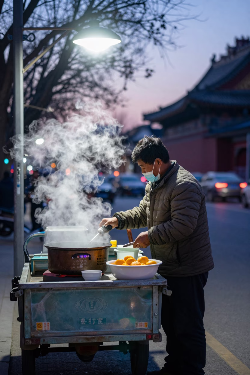 Preparing Breakfast in Beijing at The Still Hours Before Dawn Light in in Beijing, China