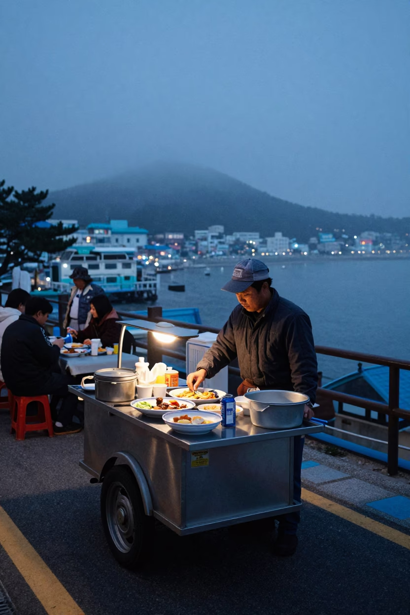 Preparing Breakfast in Busan at The Still Hours Before Dawn Light in in Busan, South Korea