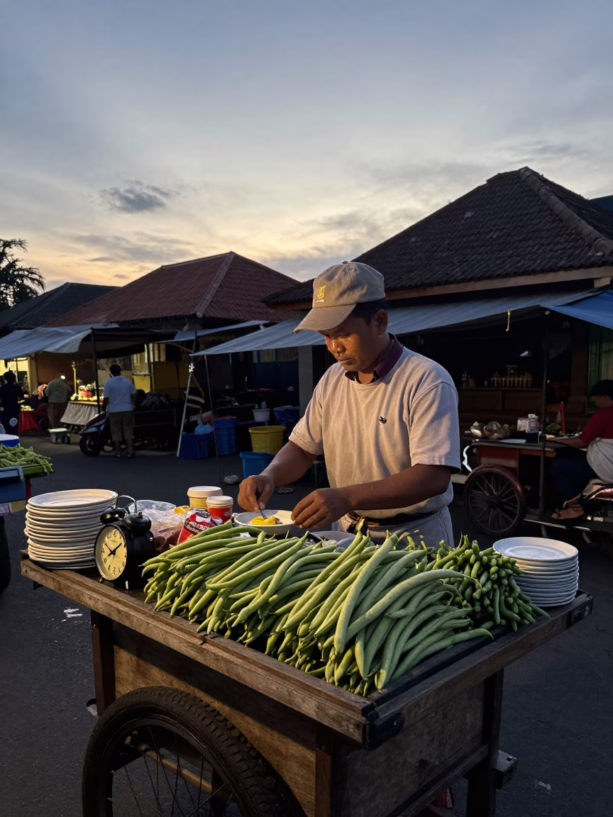 Preparing Breakfast in Denpasar at The Still Hours Before Dawn Light in in Denpasar, Indonesia