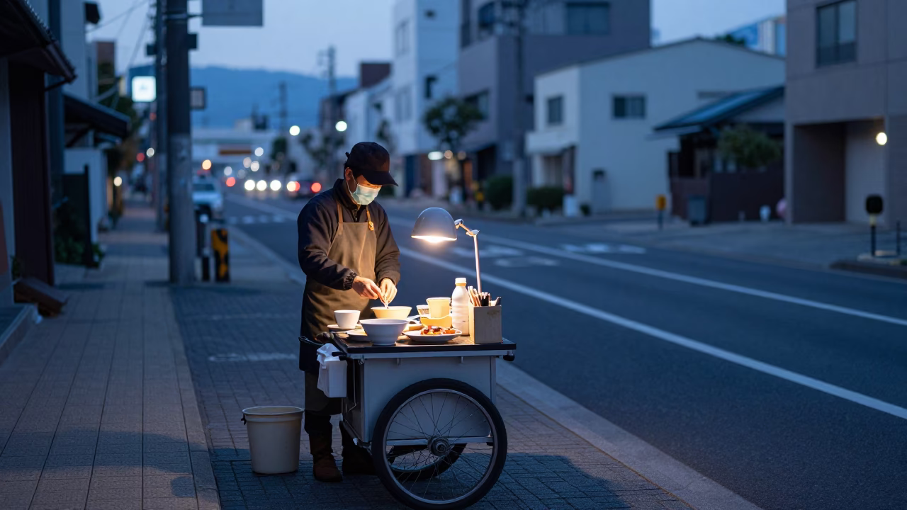 Preparing Breakfast in Fukuoka at The Still Hours Before Dawn Light in in Fukuoka, Japan