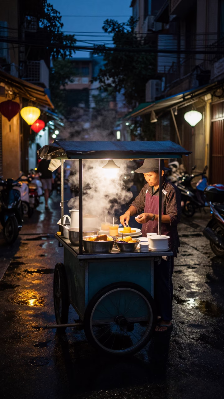 Preparing Breakfast in Hanoi at The Predawn Darkness Light in in Hanoi, Vietnam