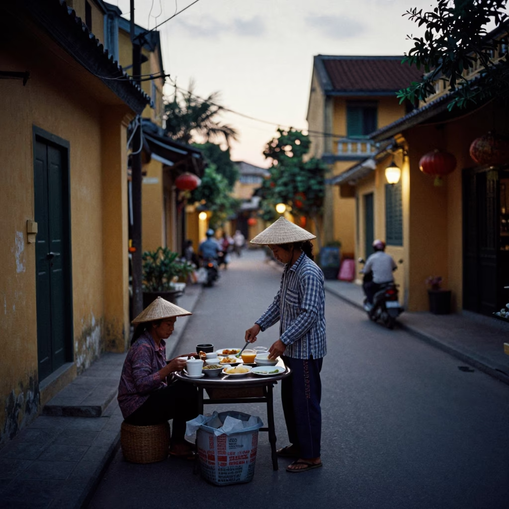 Preparing Breakfast in Hoi An at The Still Hours Before Dawn Light in in Hoi An, Vietnam