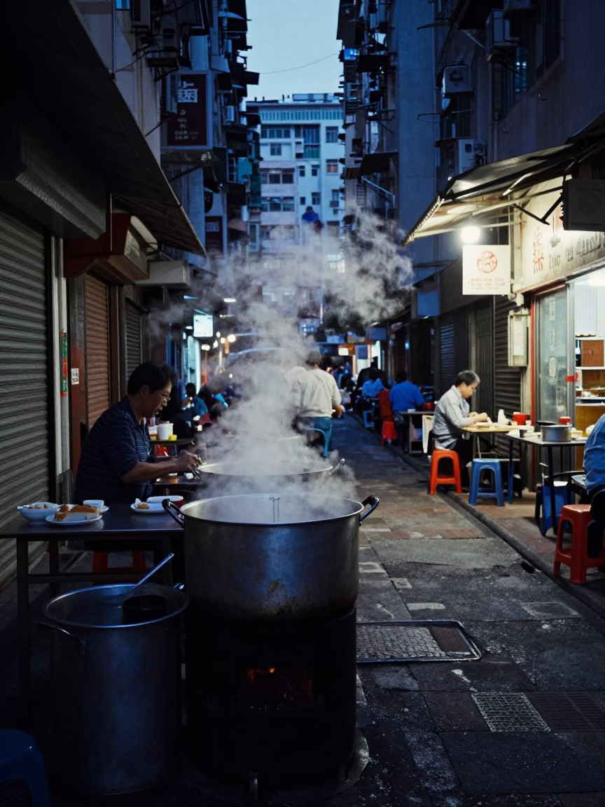 Preparing Breakfast in Hong Kong at The Still Hours Before Dawn Light in in Hong Kong, Hong Kong