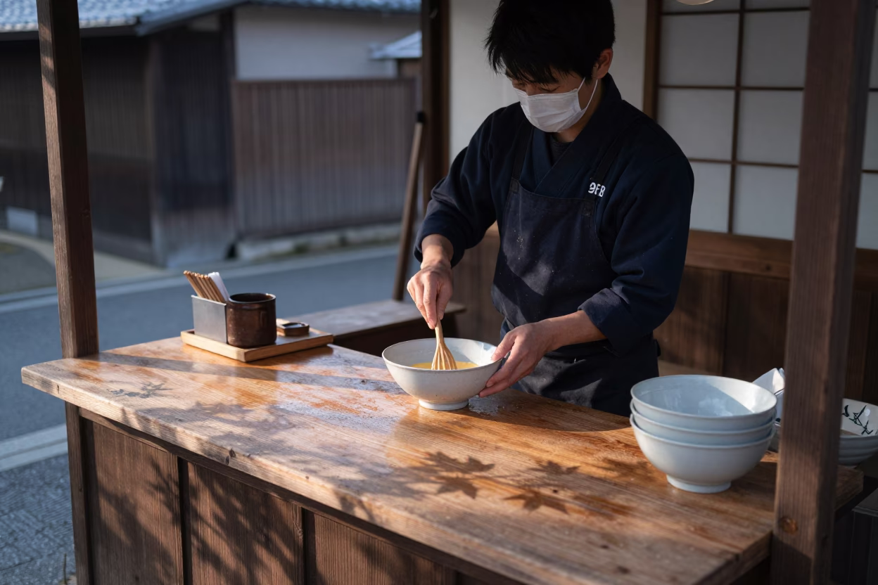 Preparing Breakfast in Kyoto at Sunrise Light in in Kyoto, Japan
