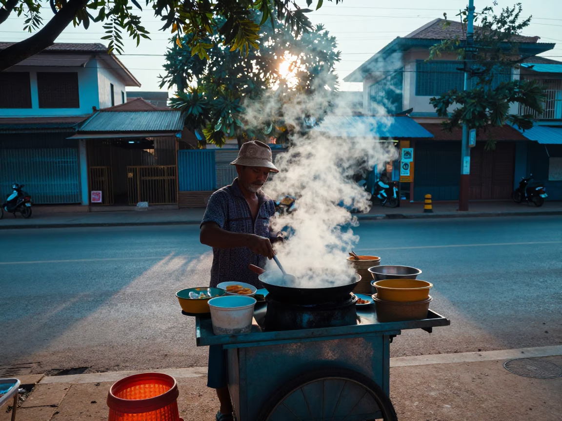 Preparing Breakfast in Phnom Penh at Sunrise Light in in Phnom Penh, Cambodia