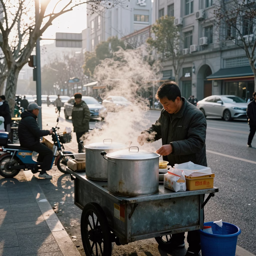Preparing Breakfast in Shanghai at The Early Morning Light in in Shanghai, China