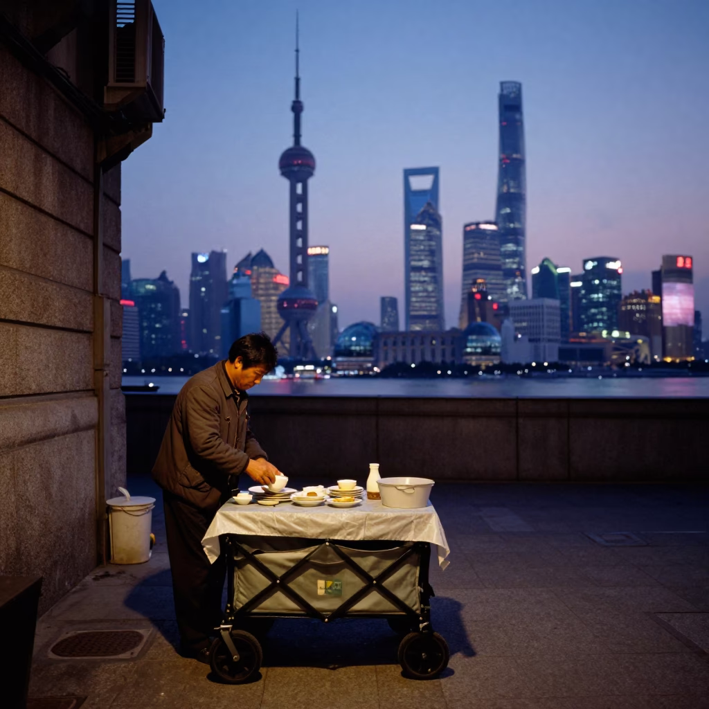 Preparing Breakfast in Shanghai at The Still Hours Before Dawn Light in in Shanghai, China