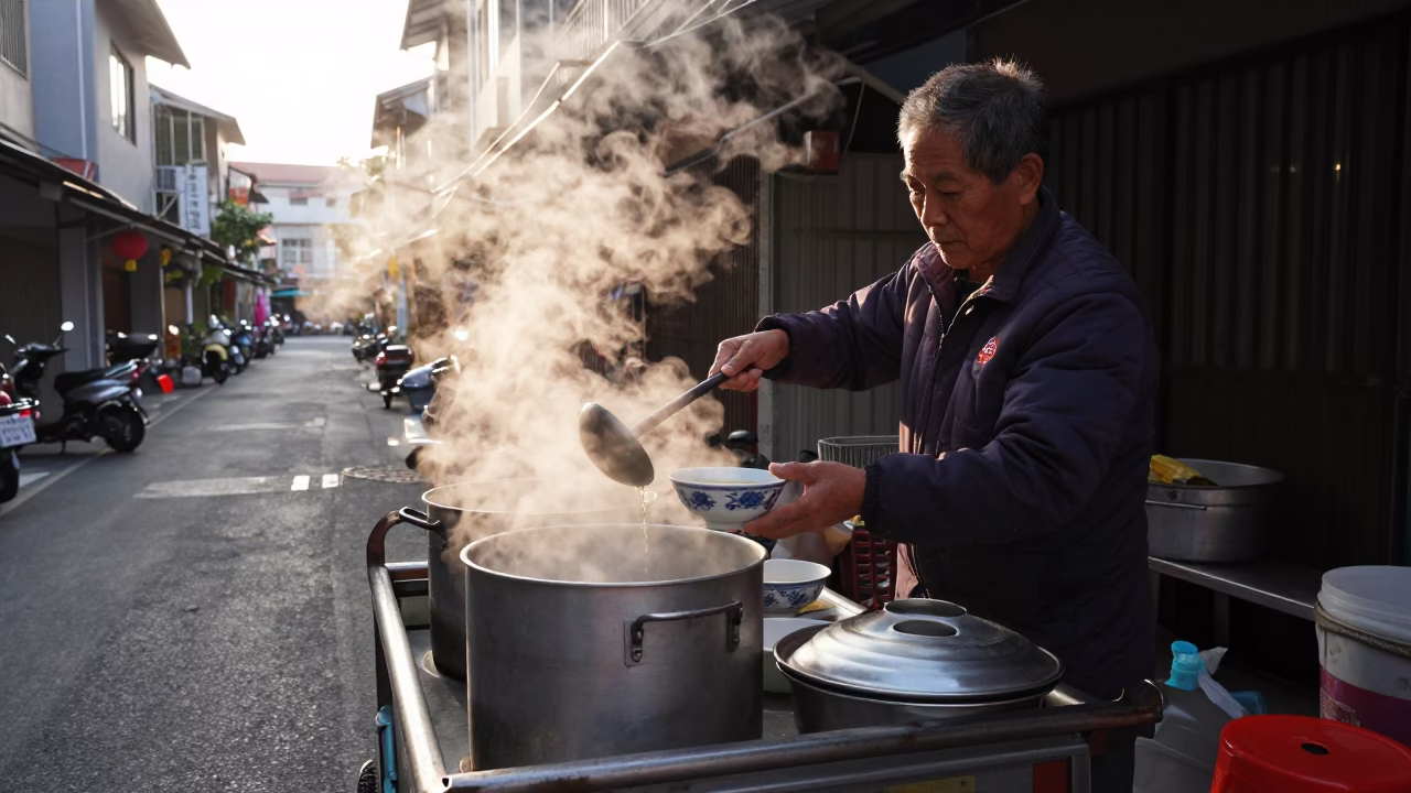 Preparing Breakfast in Tainan at The Early Morning Light in in Tainan, Taiwan