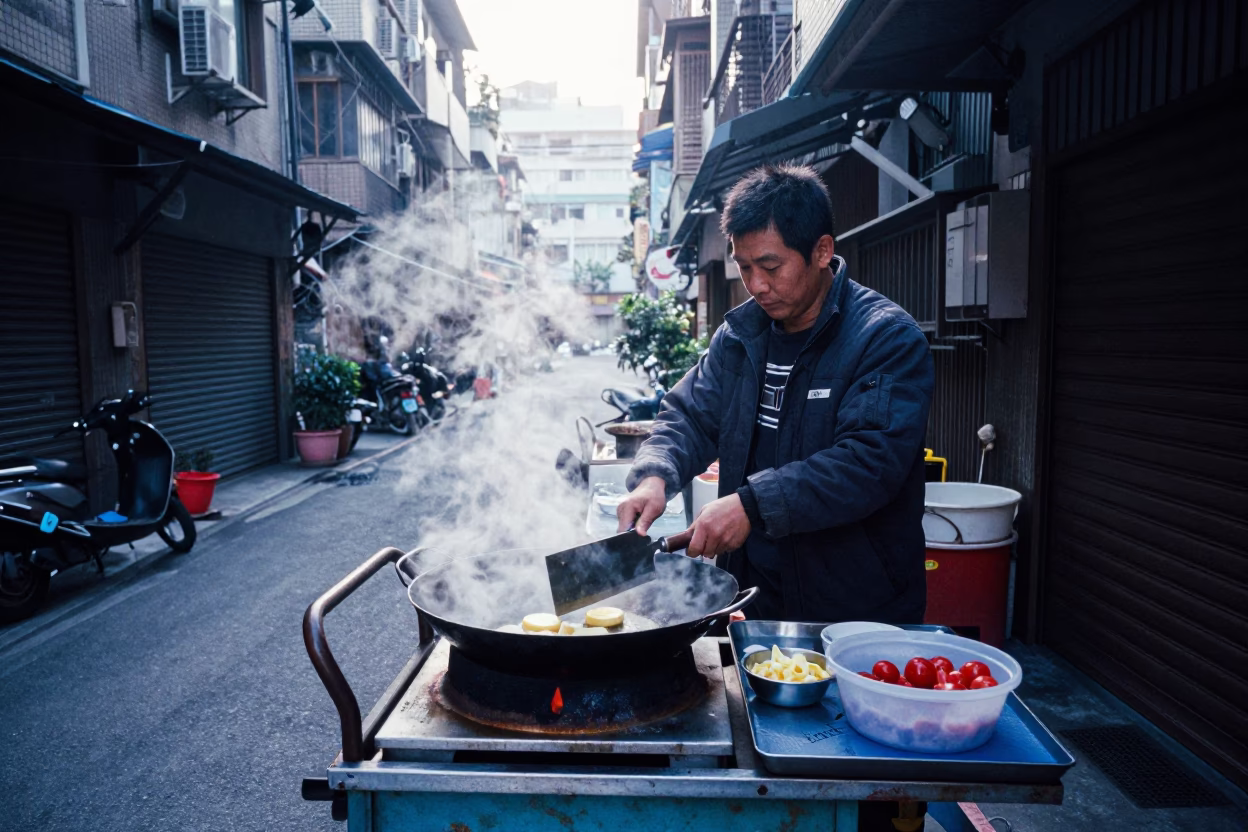 Preparing Breakfast in Taipei at Early Morning Light in in Taipei, Taiwan